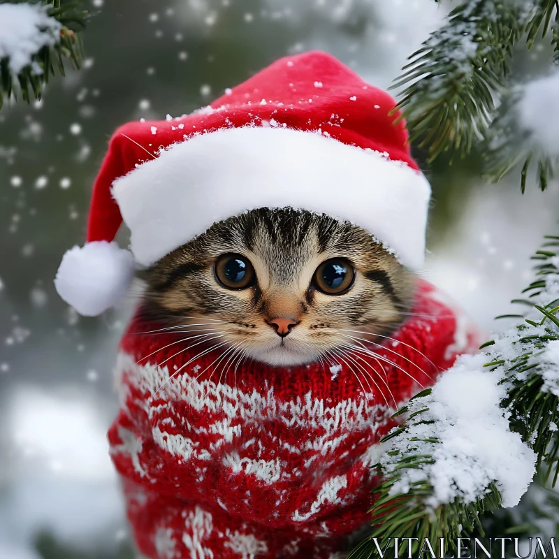 Festive Kitten Wearing Santa Hat in Winter Wonderland AI Image