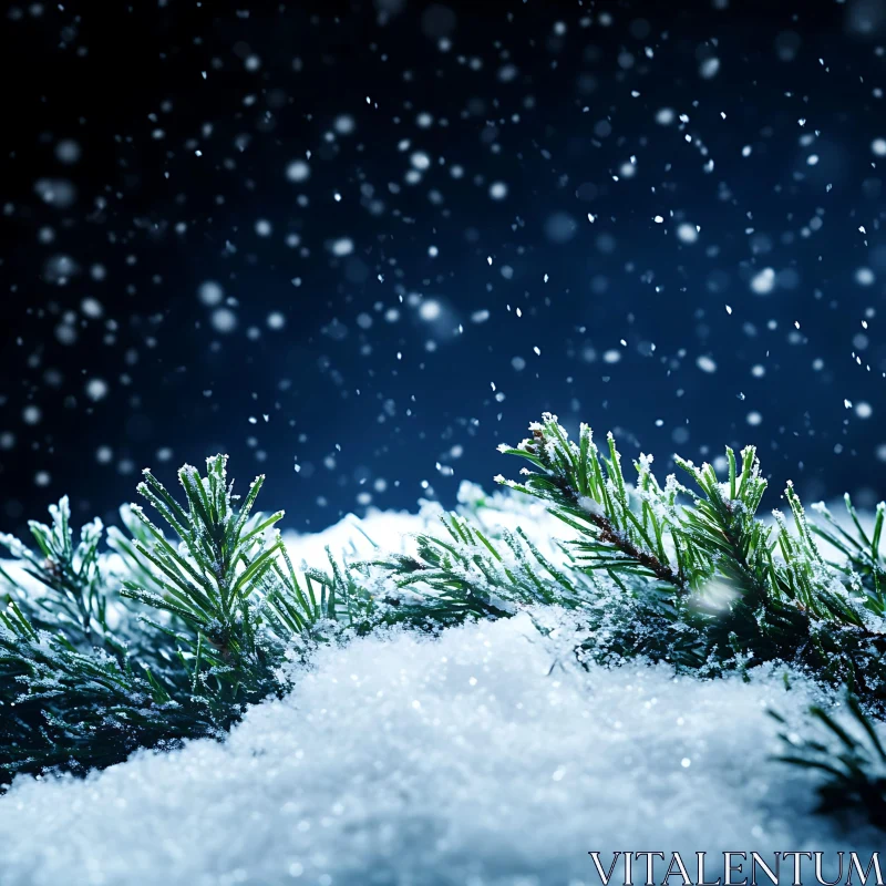 Peaceful Snowy Pine Branches in Winter Night AI Image