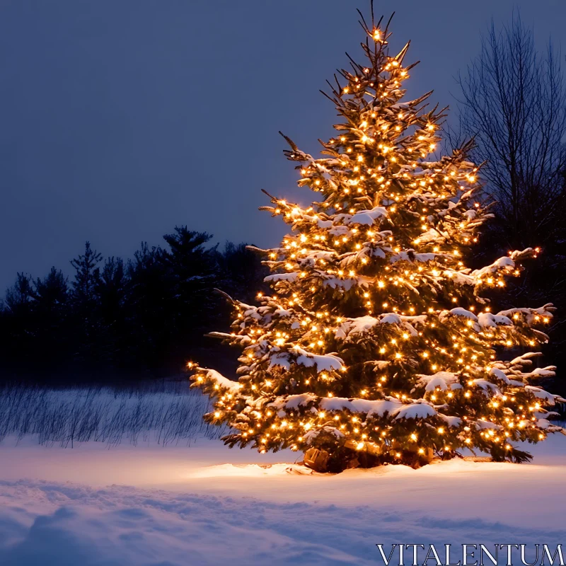 Magical Lit Christmas Tree in Snowy Field AI Image