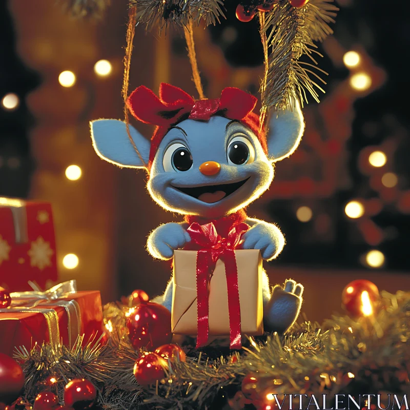 Christmas Cartoon Character with Gift and Ornaments AI Image