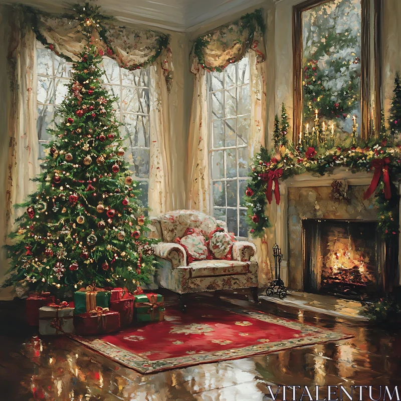 AI ART Festive Living Room Decor with Christmas Tree and Fire