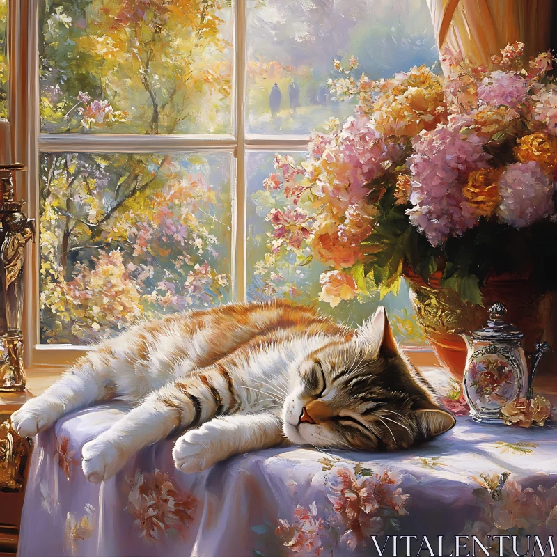 Serene Sleeping Cat by the Window AI Image