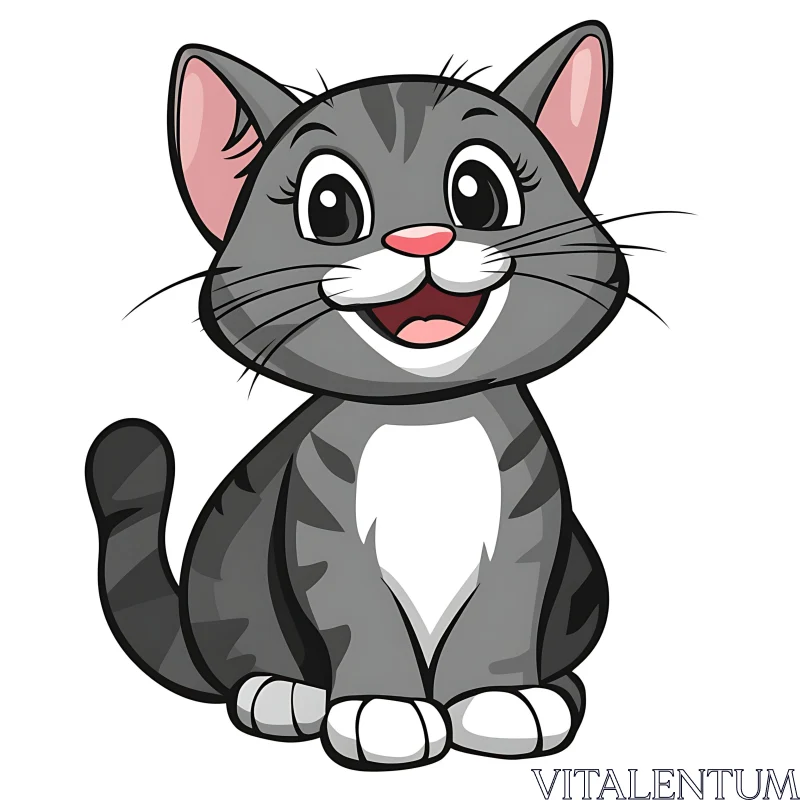 Happy Gray Cartoon Cat with Stripes AI Image