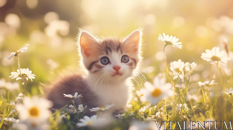 Fluffy Kitten Enjoying Spring in a Flower Field AI Image