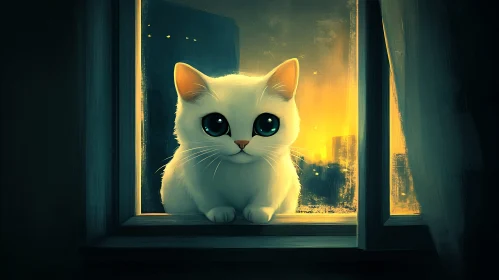 Cute White Cat with Cityscape at Night