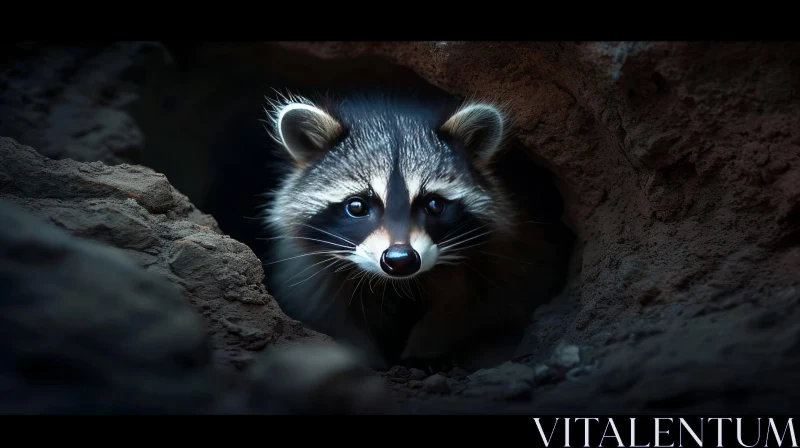 Curious Raccoon Peering from Den in Darkness AI Image