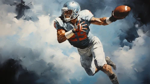 Football Player Oil Painting in Blue and White Uniform