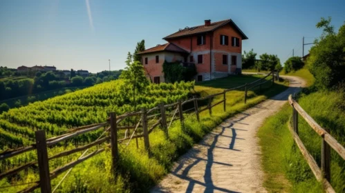Idyllic Vineyard Landscape in Italy | Serene Pathway and Charming House