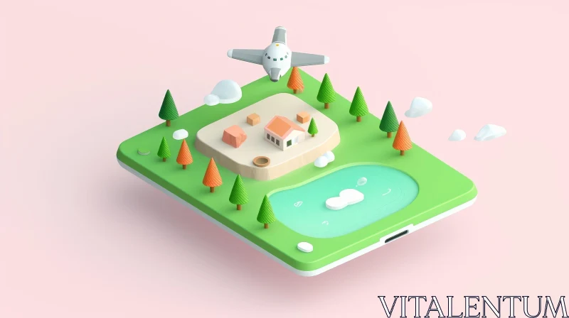 Serene 3D Illustration of Mobile Phone with House, Trees, and Lake AI Image