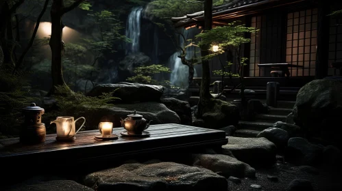 Serene and Peaceful Waterfall in Japanese-inspired Imagery