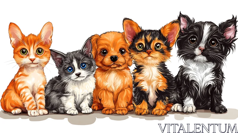 Charming Kittens and Puppies Illustration AI Image