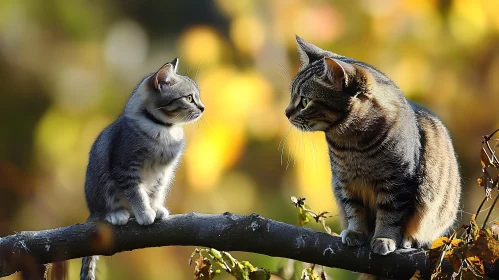 Adult Cat and Kitten on Tree Branch