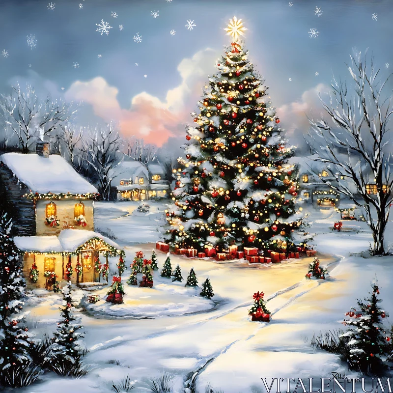 Festive Winter Wonderland with Christmas Tree AI Image