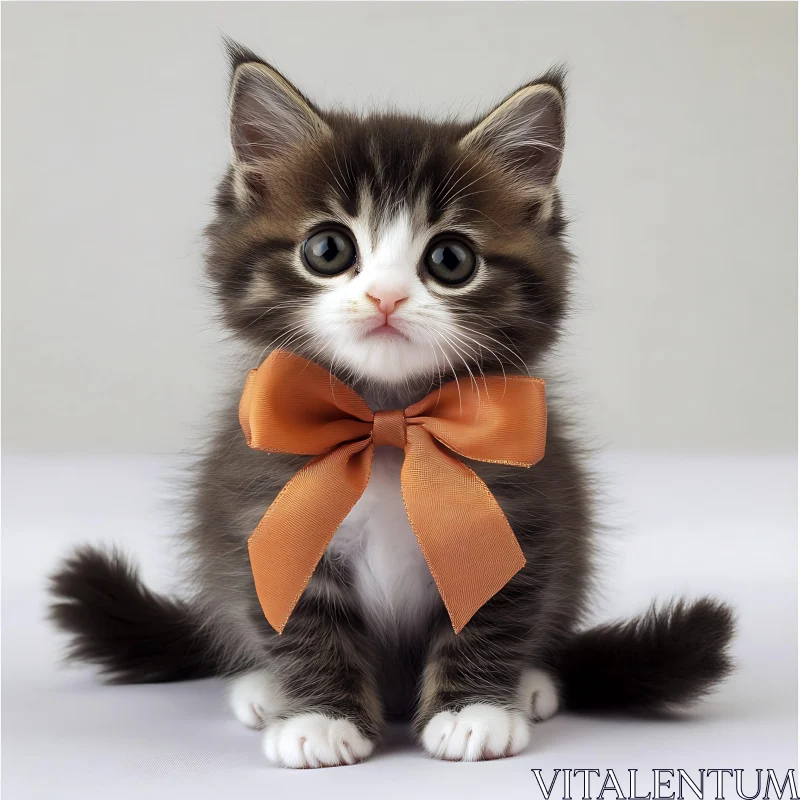 Cute Fluffy Kitten with a Playful Orange Bow AI Image