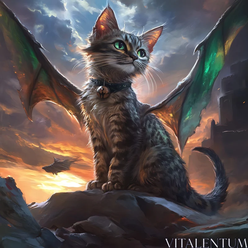 Mythical Winged Cat in Epic Landscape AI Image