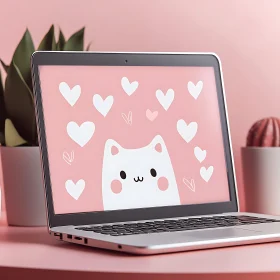 Adorable Cartoon Cat on Laptop Screen