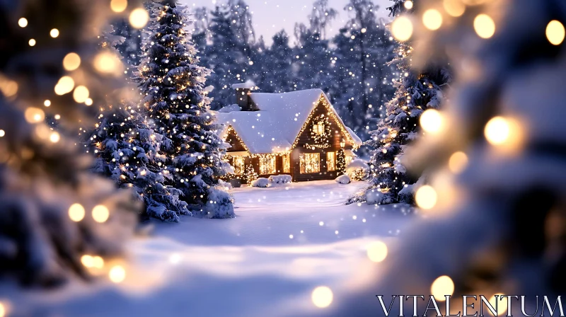 AI ART Warm Holiday-lit Cottage in Snowy Landscape