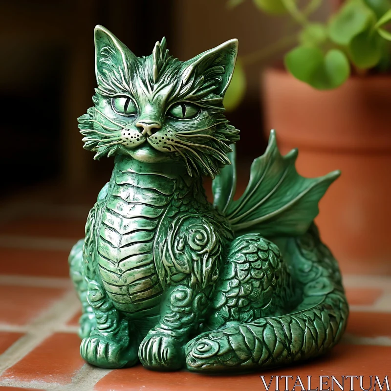 AI ART Intricately Detailed Green Cat-Dragon Statue