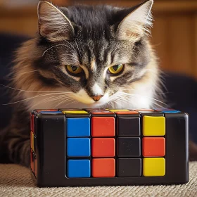 Cat Fascinated by Rubik's Cube