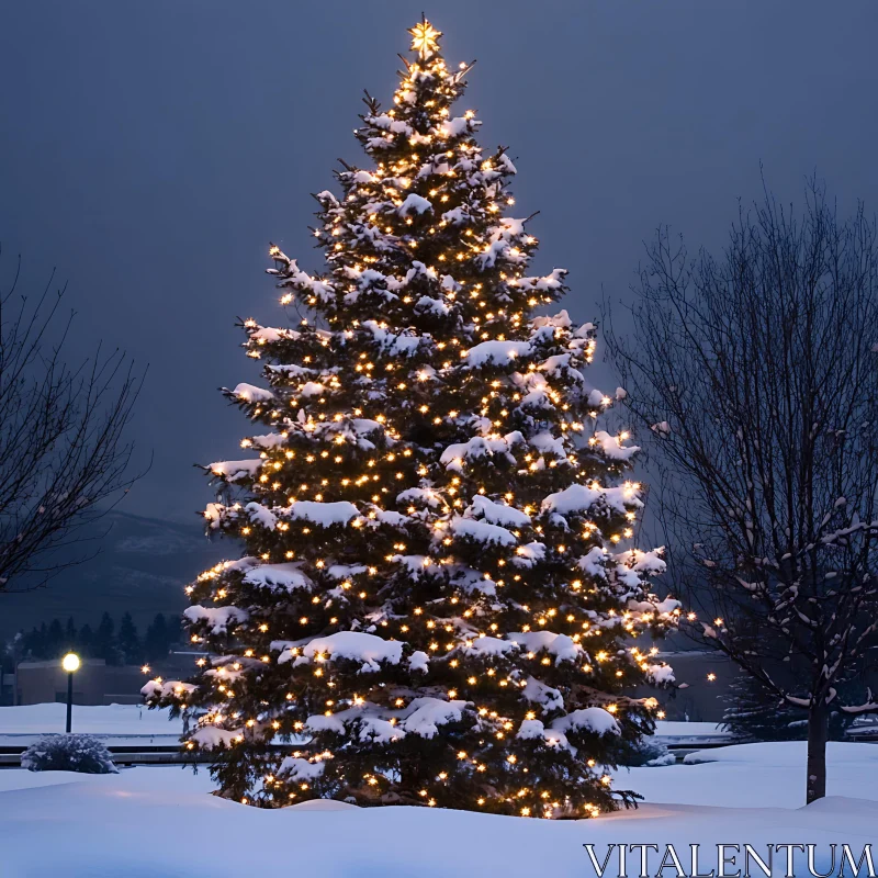 Elegant Snow-Covered Christmas Tree with Lights AI Image