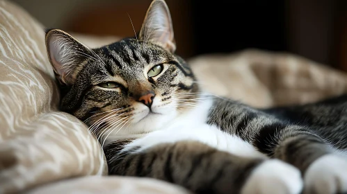 Adorable Tabby Cat Resting on a Cozy Bed