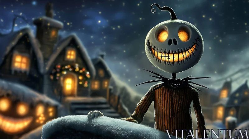 Spooky Snowy Night with Glowing Pumpkin Head AI Image