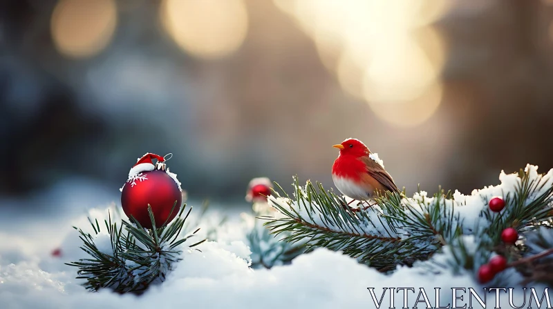 Winter Scene Featuring a Bird and Christmas Decoration AI Image