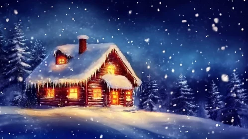 Warm Log Cabin on Tranquil Snowy Night