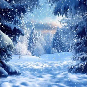 Snow-Covered Pine Trees and Gentle Snowfall Scene