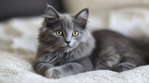 Cute Gray Cat Relaxing on Soft Fabric