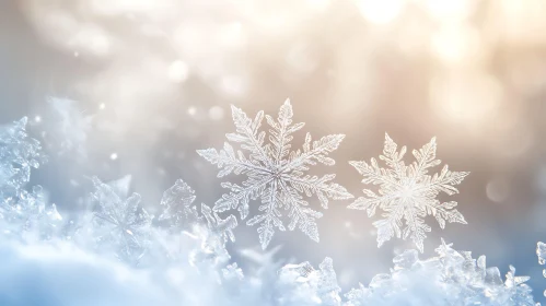 Detailed Snowflakes Resting on Frost