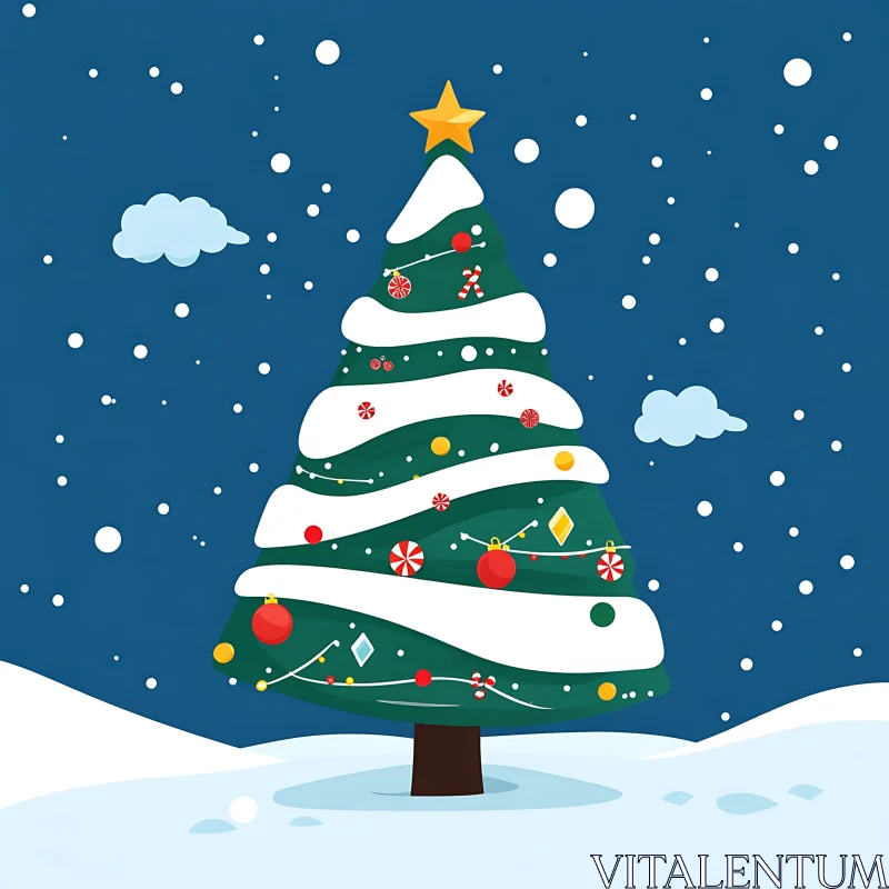 Festive Christmas Tree with Ornaments and Falling Snow AI Image