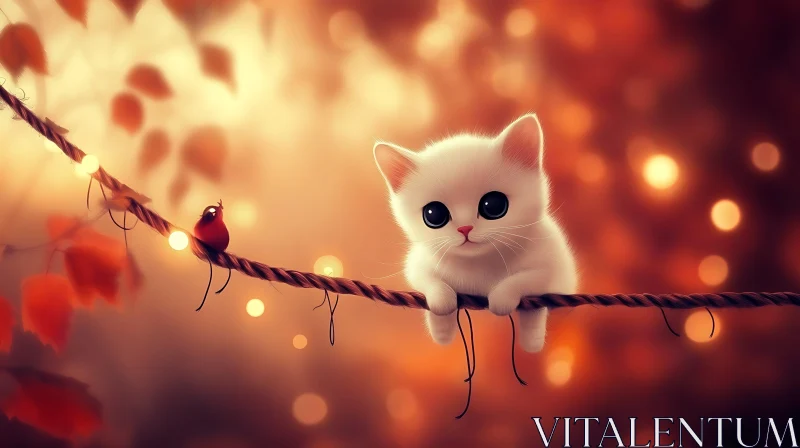 Charming Kitten and Bird in Cozy Autumn Illustration AI Image