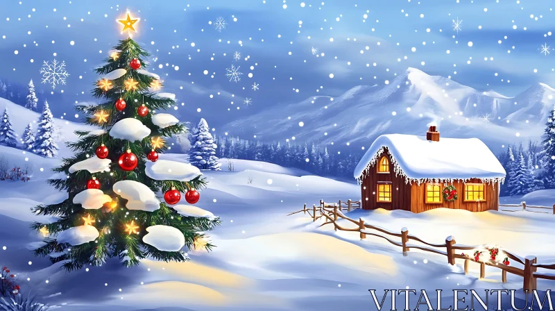 Picturesque Holiday Setting with Snow and Lights AI Image