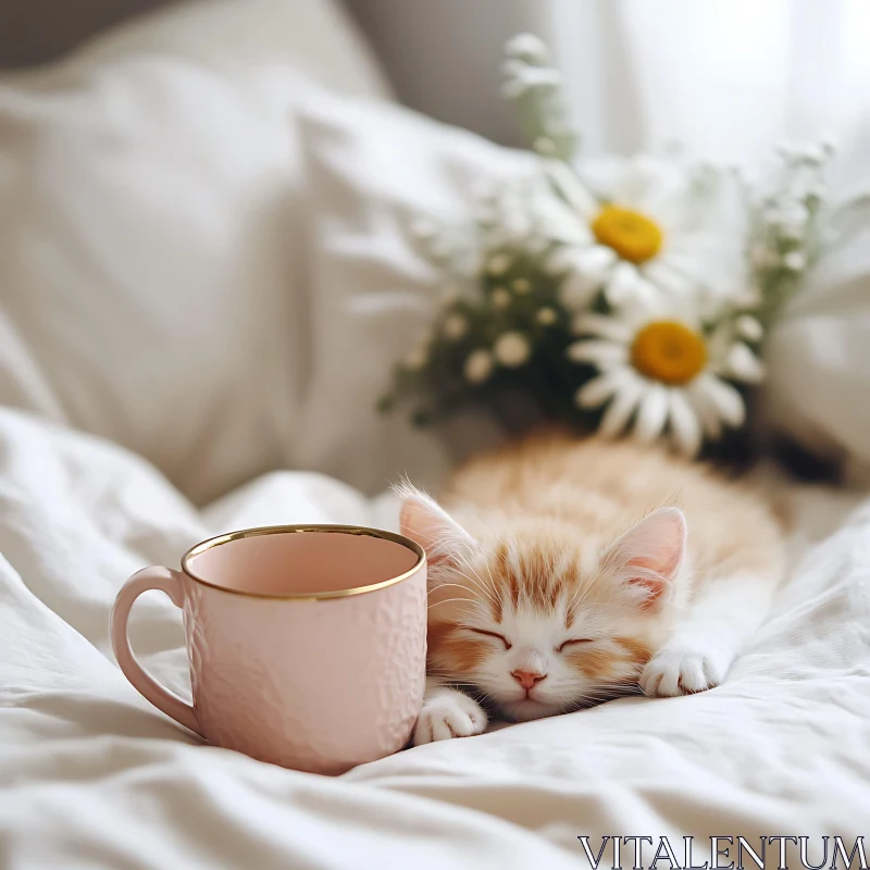 Adorable Kitten Resting Next to Mug and Flowers AI Image