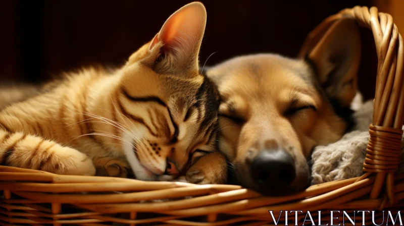 Brown Tabby Cat and Dog Sleeping Together in Wicker Basket AI Image