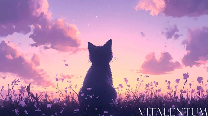 AI ART Cat Gazing at Sunset in a Flower Field