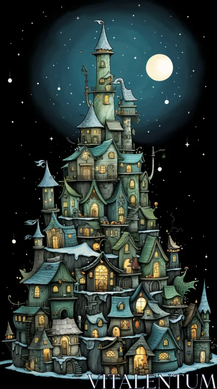 Captivating Cartoon Castle on a Cloudy Night | Festive Atmosphere AI Image