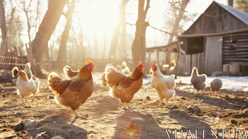 Chickens in a Barnyard: A Serene and Colorful Scene AI Image