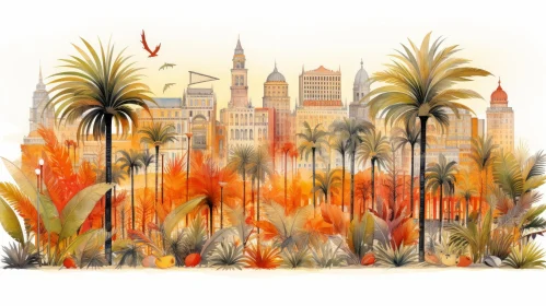 Cityscape Illustration with Palm Trees and Plants in Light Gold and Orange