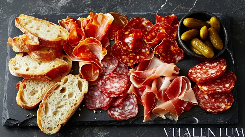 Delicious Charcuterie Board with Cured Meats, Bread, and Pickles AI Image