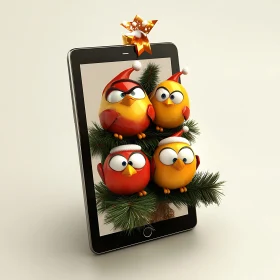 Christmas Cartoon Birds on Tablet