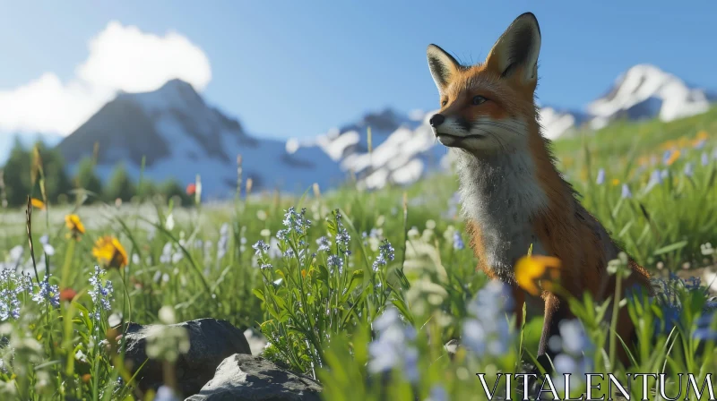 Enchanting Red Fox in Flower Field: Majestic Mountain Background AI Image