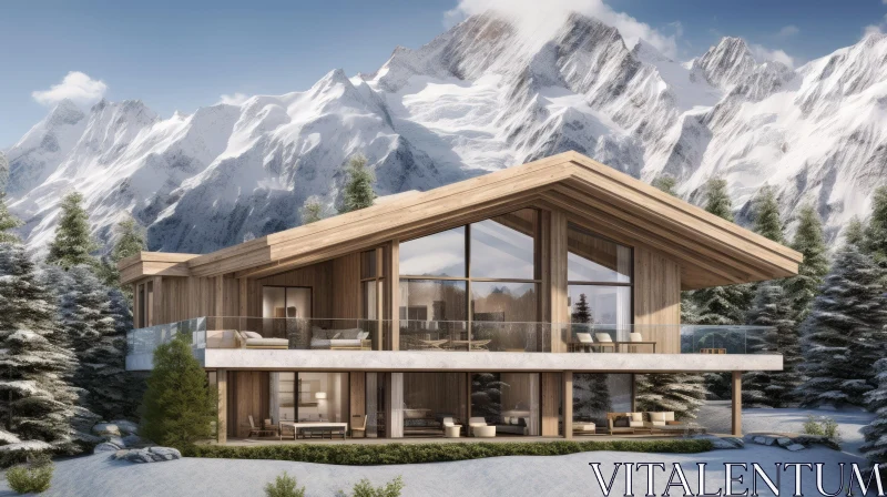 Modern Chalet Overlooking Snow-Covered Mountains AI Image