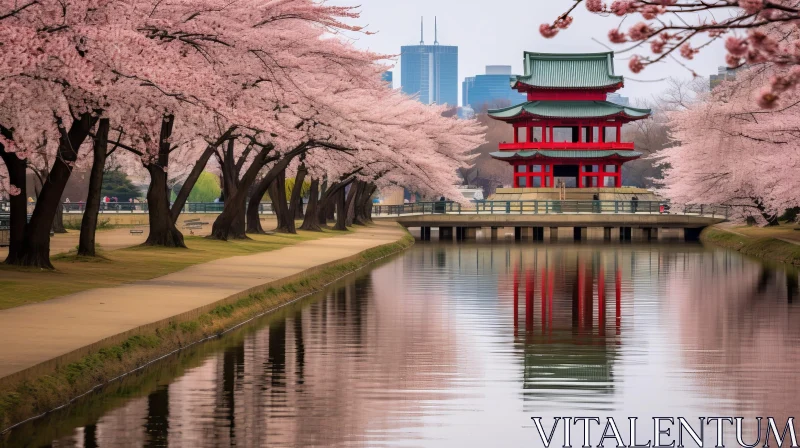 Tranquil Spring Park Landscape with Cherry Trees and Pagoda AI Image