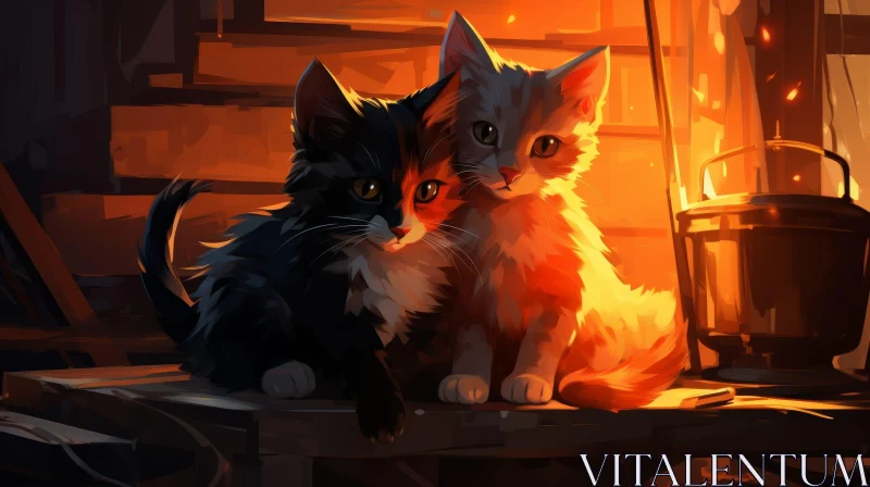 Two Kittens Painting on Wooden Table AI Image