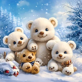 Cute Teddy Bears in Winter Forest