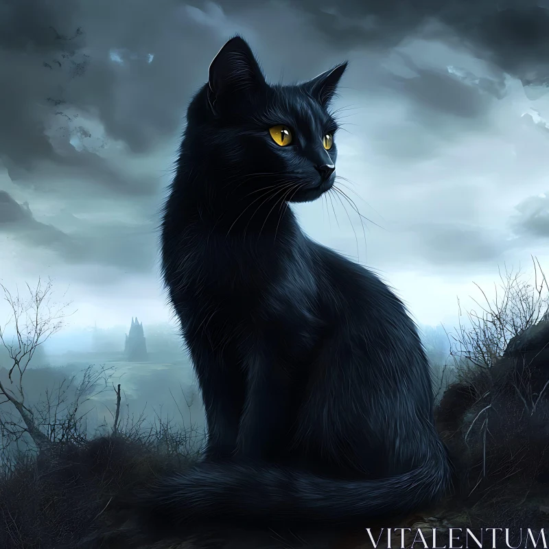 Eerie Black Cat with Yellow Eyes AI Image