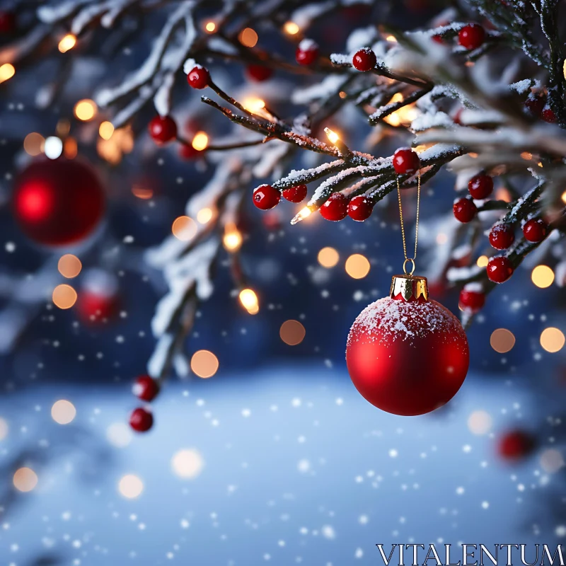 Festive Bauble and Snowy Branch with Lights AI Image