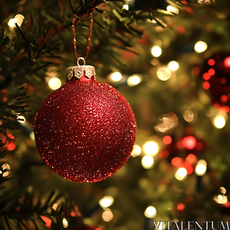 Red Sparkling Ornament on Christmas Tree AI Image